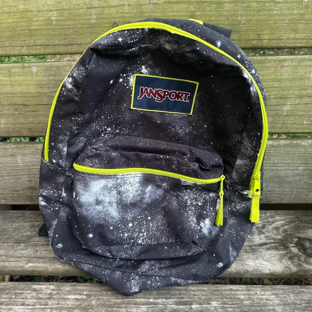 Jansport SuperBreak Backpack Black Galaxy Space Print Neon Green Accents Classic